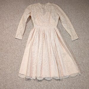 Vintage L'AIGLON Dress 10 Beige Floral Lace Pleated Victorian Romantic Whimsical